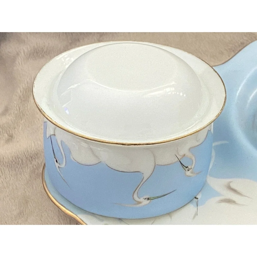 Vintage Hand Painted Japan Porcelain Snack Set Blue Heron Crane Tea Cup Tray